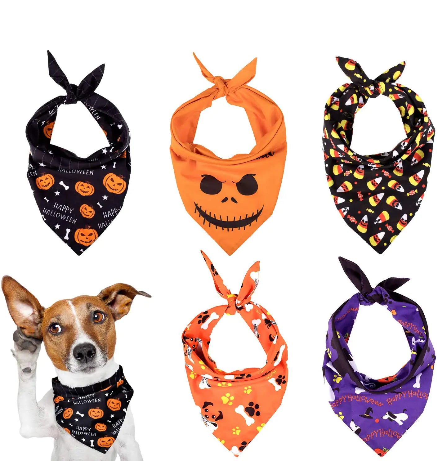 Whaline 5 Pack Halloween Dog Bandanas Triangle Pet Scarfs Washable Pet Neckerchief Dog Bibs Pumpkin Ghost Candy Corn and Bones Pet Bandanas Medium