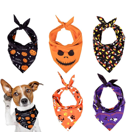Whaline 5 Pack Halloween Dog Bandanas Triangle Pet Scarfs Washable Pet Neckerchief Dog Bibs Pumpkin Ghost Candy Corn and Bones Pet Bandanas Medium