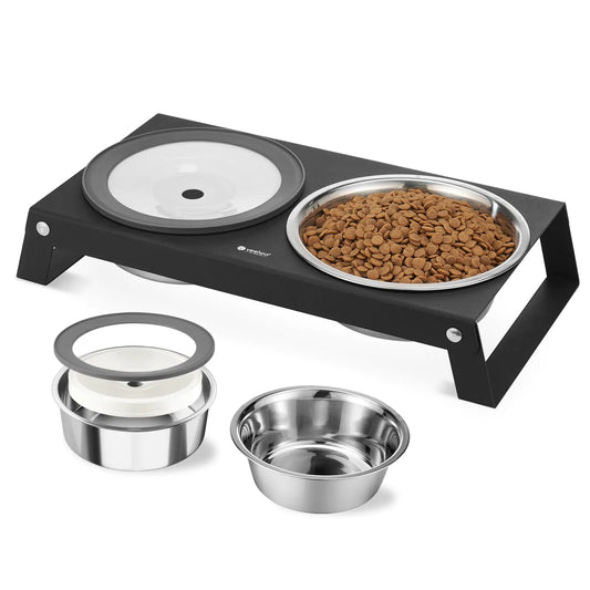 Veehoo Metal Elevated Cat Bowls Raised Cat Bowl with 304 Stainless Steel Cat Food Bowl and No Spill Water Bowl 3.1" Tall Whisker Fatigue Elevated Food and Water Bowl for Cats Kitten Puppies